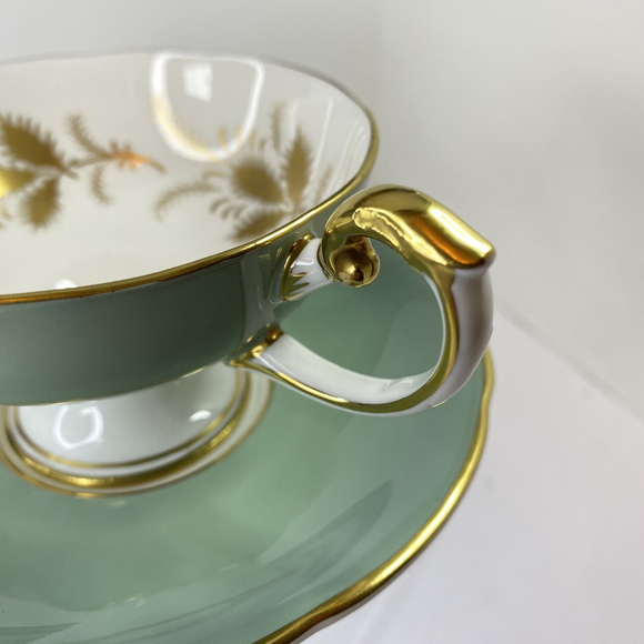 Sage Green Pedestal with Gold Leaf Design Aynsley Tea Cup and Saucer Set - Picture 5 of 13